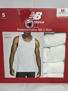 NIB New Balance Men's 5-Pack Premium Cotton Rib A-Shirt White Tank Tops Size M